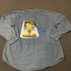 Looney Tunes Shirt Mens Medium Tweety Bird Vintage USA Blue Long Sleeve Flawed *